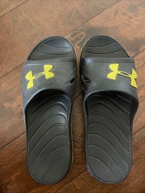 Under Armour Black Slide Sandals with Yellow Logo Accents